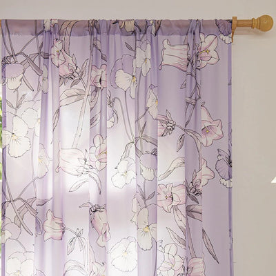 Purple Sheer Window Curtains with Campanula Floral Design