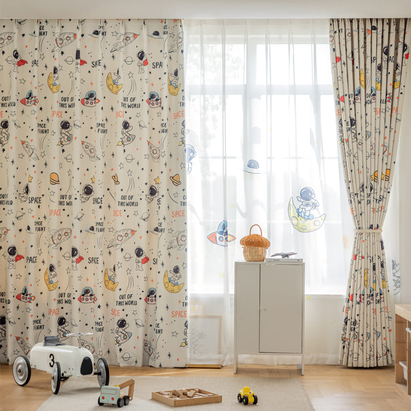 Kids Cartoon Curtains,Cotton Linen,Blackout,Astronaut UFO Space Rocket Print