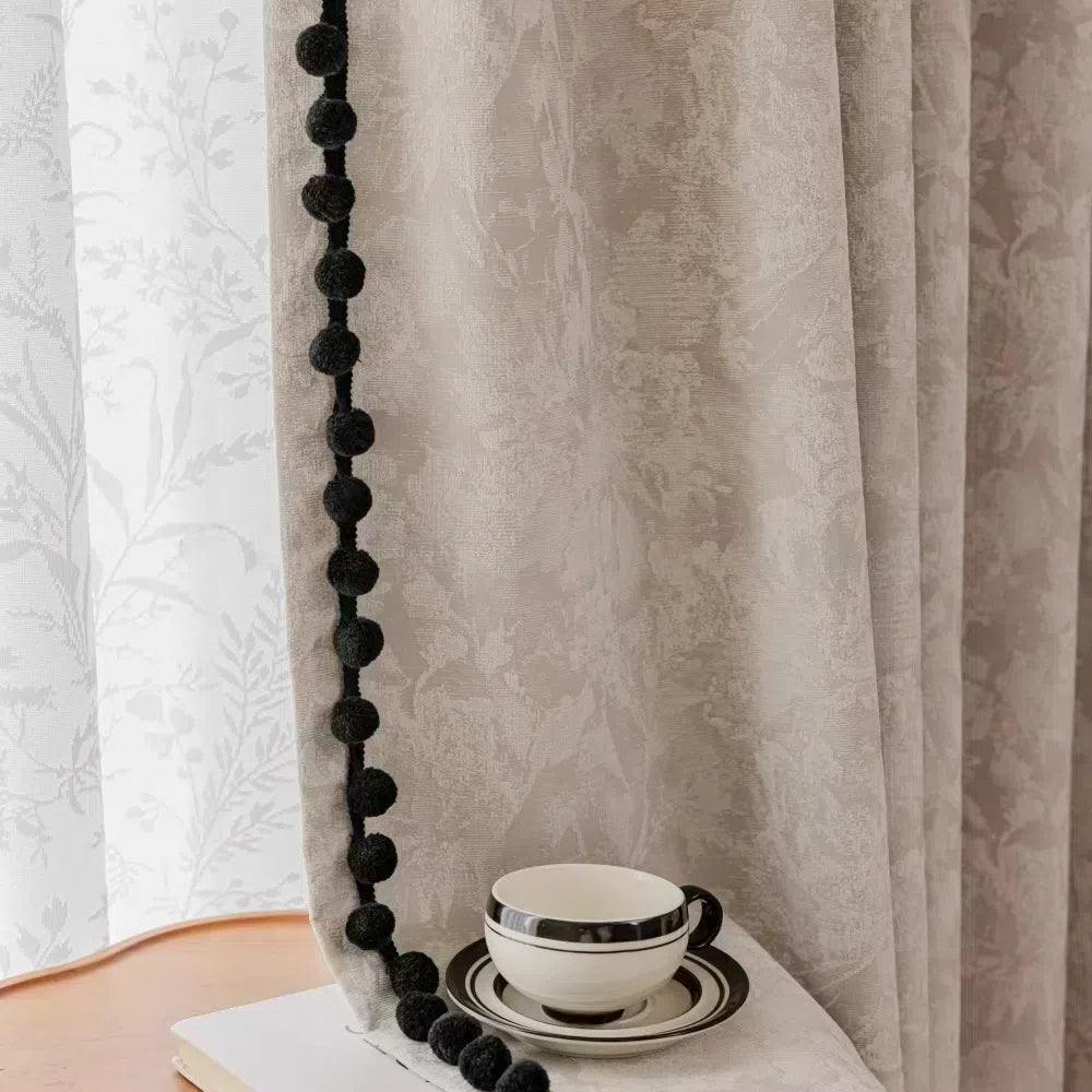 Beige Blackout Curtains with Vintage Jacquard Black Pom Pom Trim