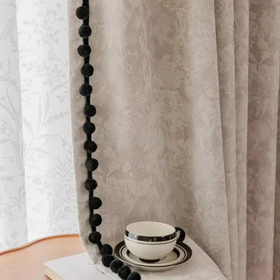 Beige Blackout Curtains with Vintage Jacquard Black Pom Pom Trim