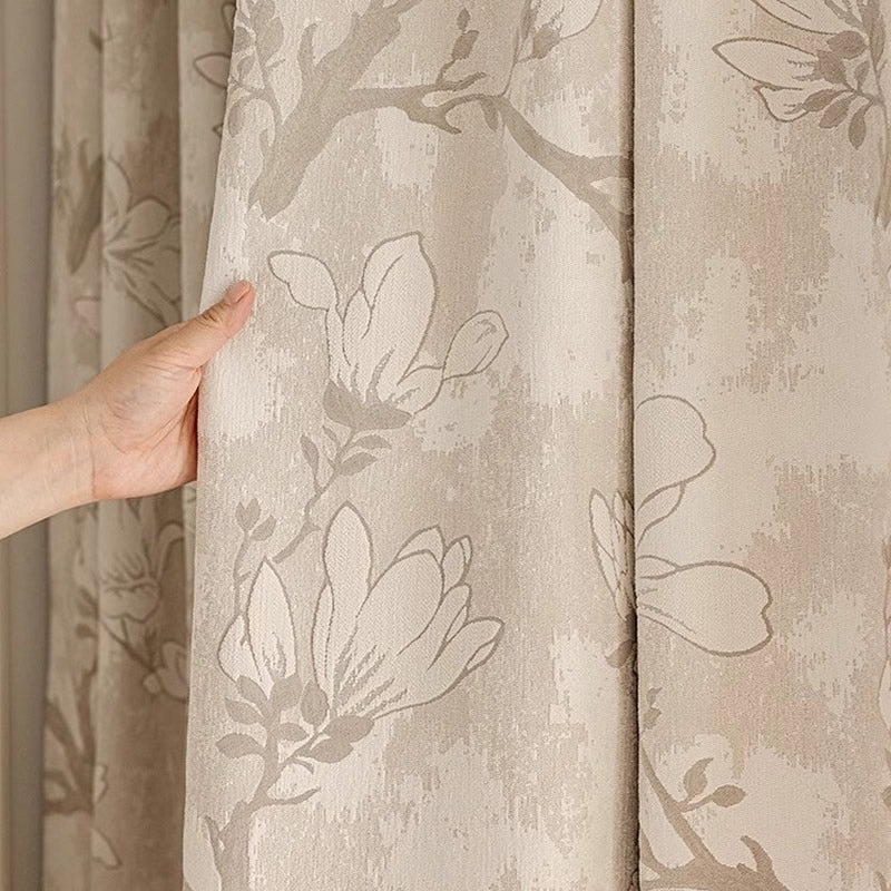 Beige Chenille Blackout Curtains with Magnolia Flower Jacquard