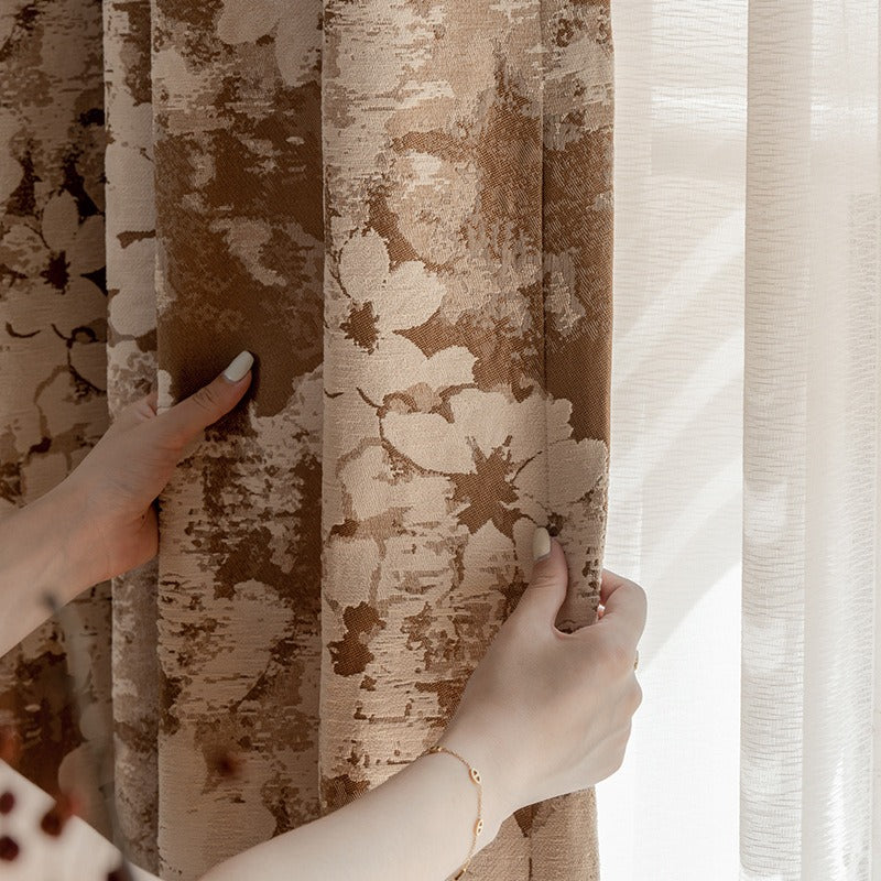Brown Blackout Curtains with White Artistic Vintage Floral Jacquard