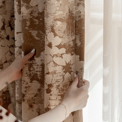 Brown Blackout Curtains with White Artistic Vintage Floral Jacquard