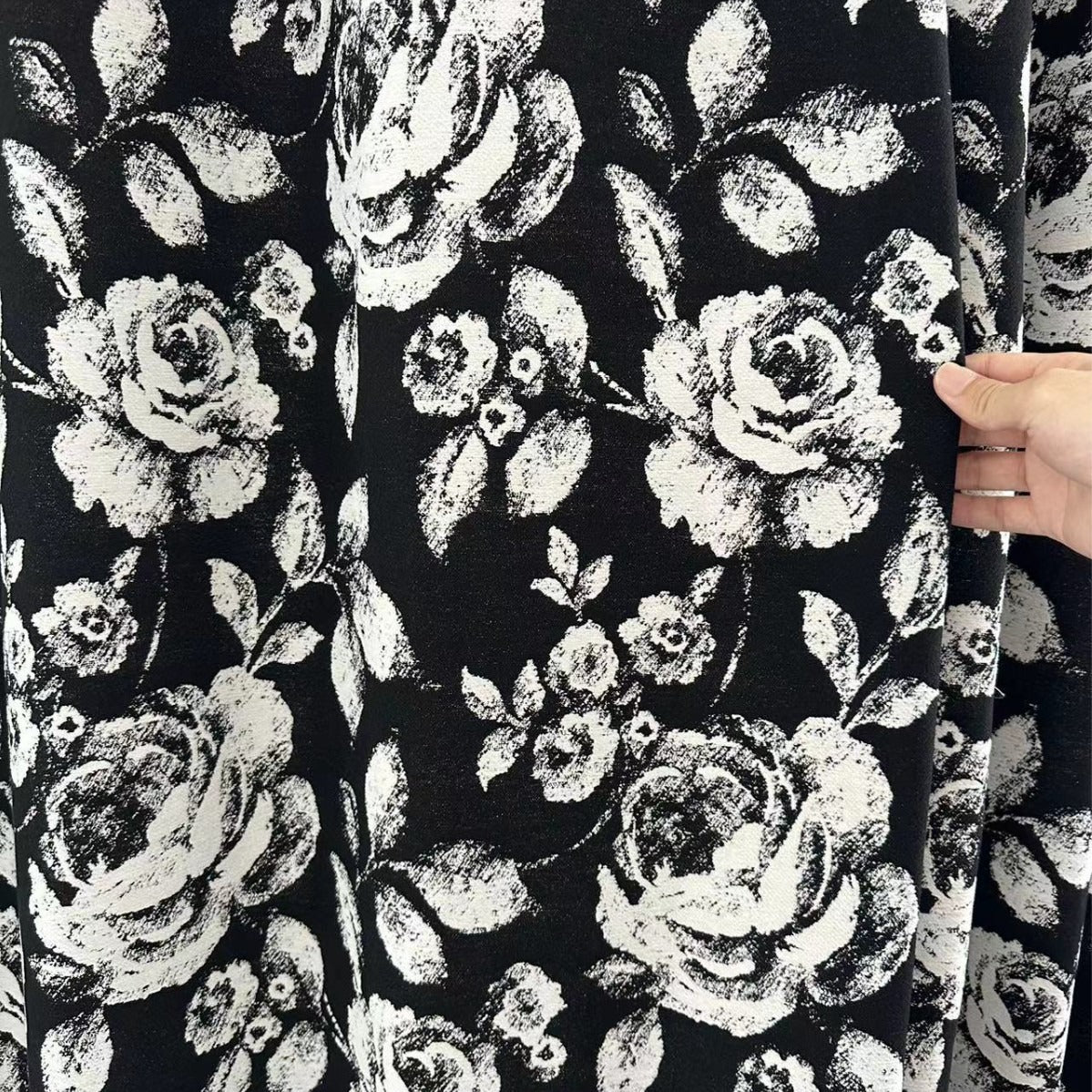 Black Chenille Blackout Curtains with White Rose Jacquard and Black Pom Pom Trim