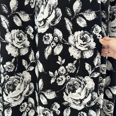 Black Chenille Blackout Curtains with White Rose Jacquard and Black Pom Pom Trim