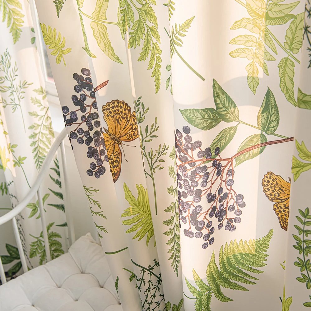 White Sheer Curtains with Green Leaf, Blueberry, and Butterfly Print