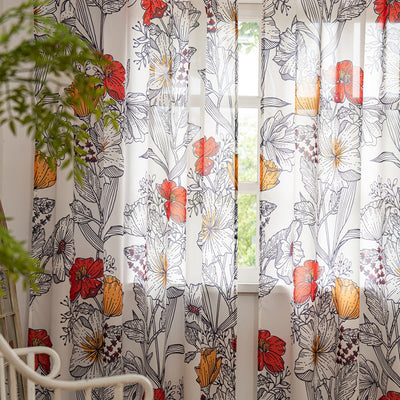 Art Retro Sheer Curtains Orange Floral Design