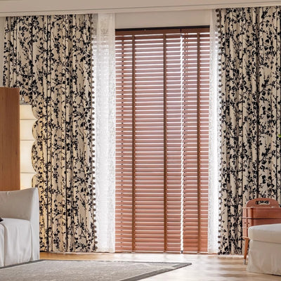 Chenille Blackout Curtains,Black Floral Branch Jacquard, Pom Pom Trim
