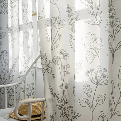 White Sheer Curtains with Line Drawn Flowers and Leaves Print