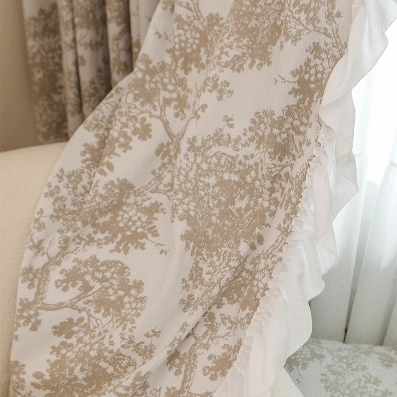 Cream Chenille Blackout Curtains with Jacquard Yumberry Tree White Ruffle Trim