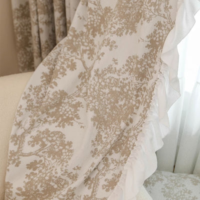 Cream Chenille Blackout Curtains with Jacquard Yumberry Tree White Ruffle Trim