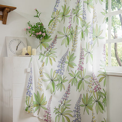 White Sheer Curtains with Purple Lavender Floral and Green Leaves Print