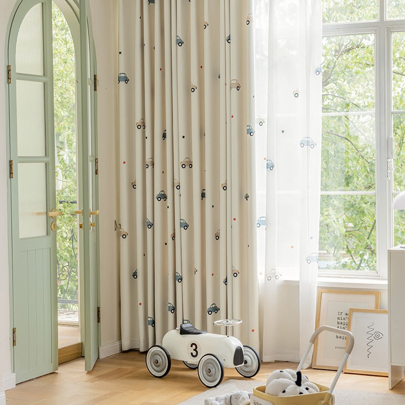 Kids Beige Cotton Linen Blackout Curtains with Car Print