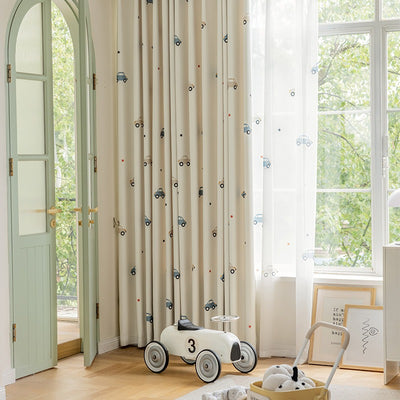 Kids Beige Cotton Linen Blackout Curtains with Car Print