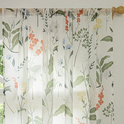 Green Leaf Floral Country Farmhouse White Sheer Curtains