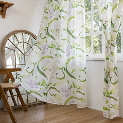 White Sheer Curtains with Watercolor Lily, Purple Flower, and Green Leaves Print