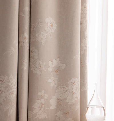 Beige Chenille Blackout Curtains with Magnolia Vintage Flower Jacquard