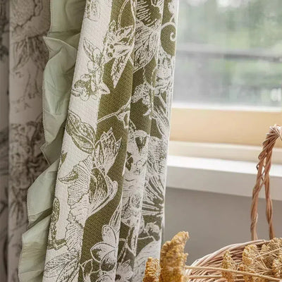 Green Blackout Curtains with Floral Plant Jacquard and Green Leaf Trim