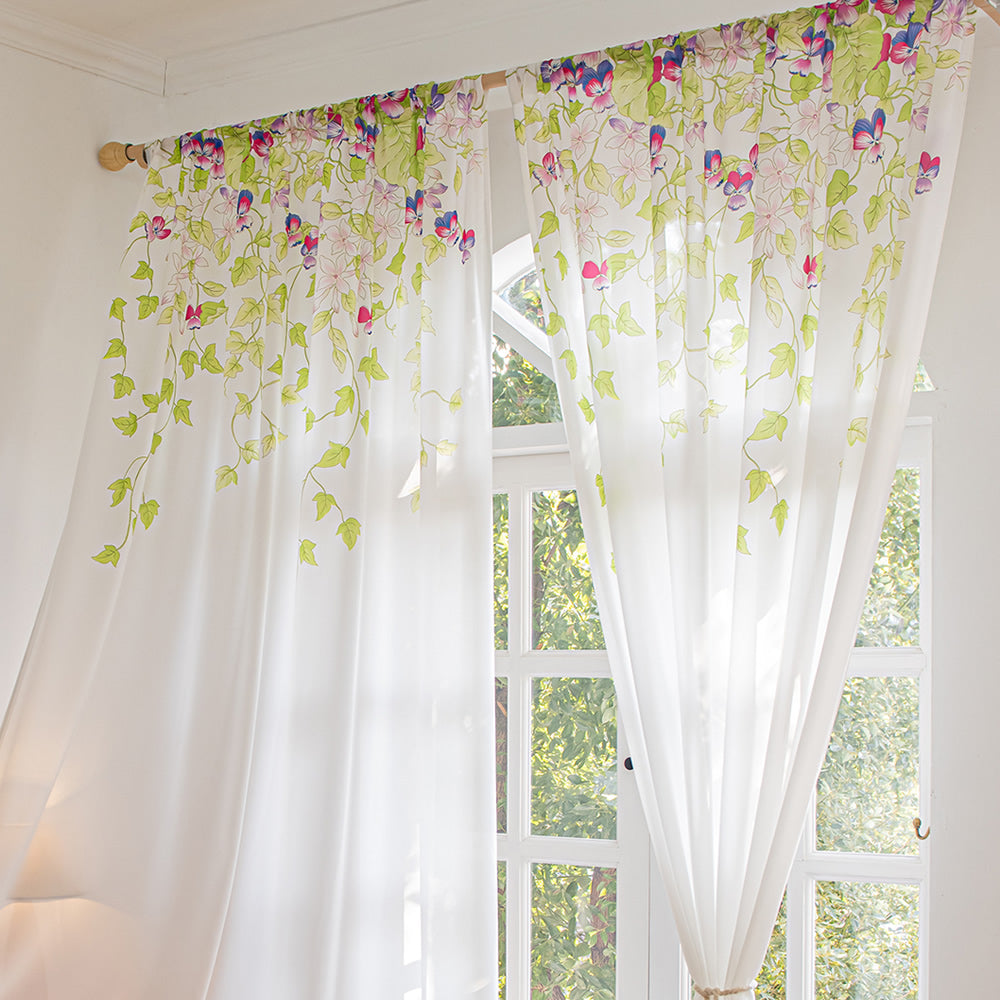White Sheer Curtains with Green Plant Leaves, Vines, and Butterfly Print