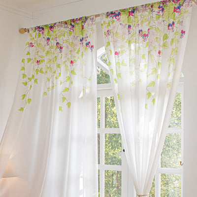 White Sheer Curtains with Green Plant Leaves, Vines, and Butterfly Print