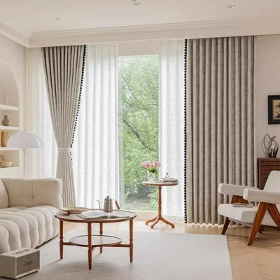 Beige Blackout Curtains with Vintage Jacquard Black Pom Pom Trim