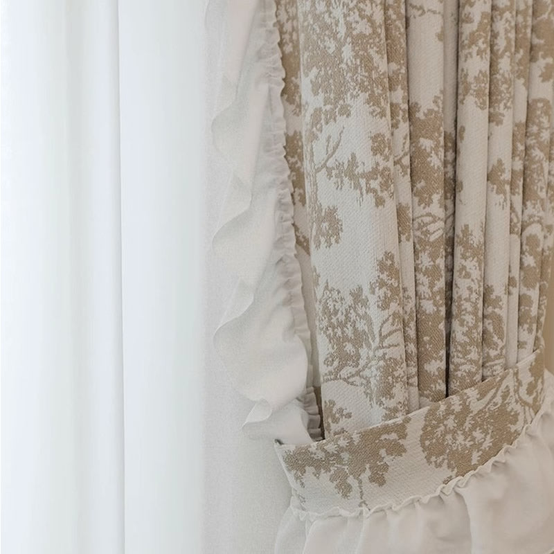 Cream Chenille Blackout Curtains with Jacquard Yumberry Tree White Ruffle Trim