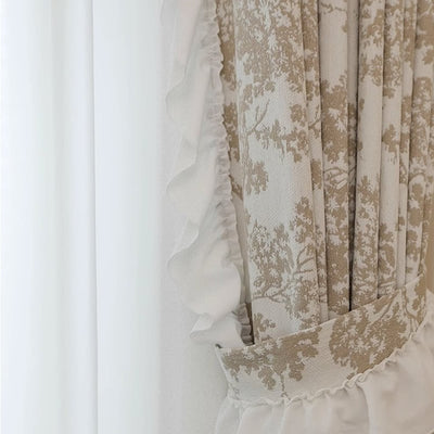 Cream Chenille Blackout Curtains with Jacquard Yumberry Tree White Ruffle Trim