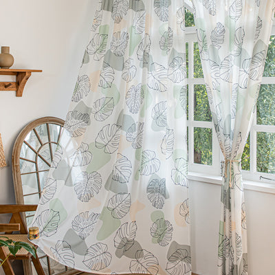 White Sheer Curtains with Green Tropical Leaf Plant Print