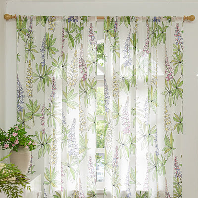 White Sheer Curtains with Purple Lavender Floral and Green Leaves Print