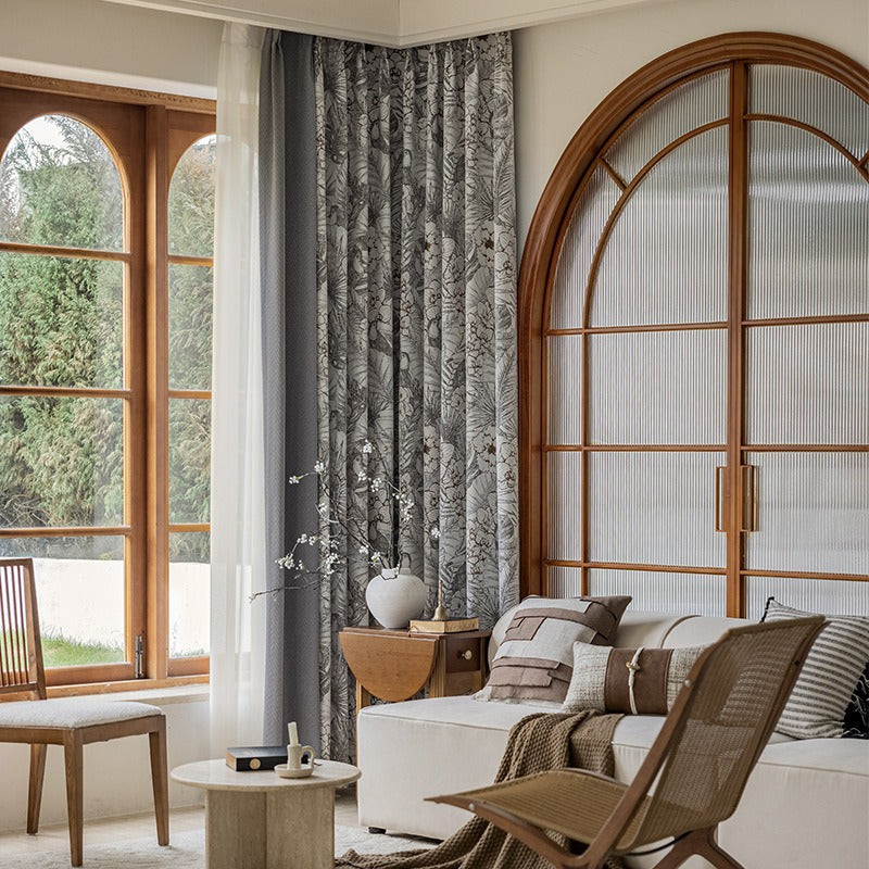 Gray Patchwork Chenille Blackout Curtains with Tropical Plants, Flowers, Brid,Parrots Jacquard