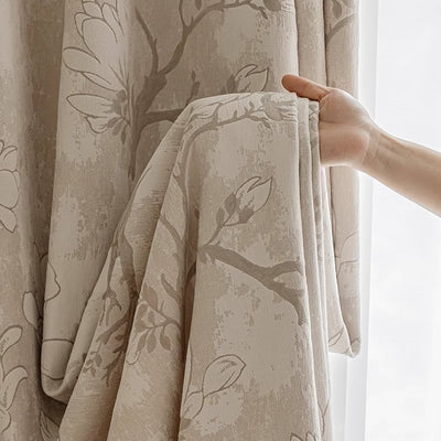 Beige Chenille Blackout Curtains with Magnolia Flower Jacquard