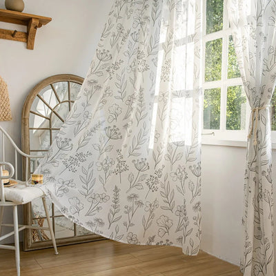 White Sheer Curtains with Line Drawn Flowers and Leaves Print