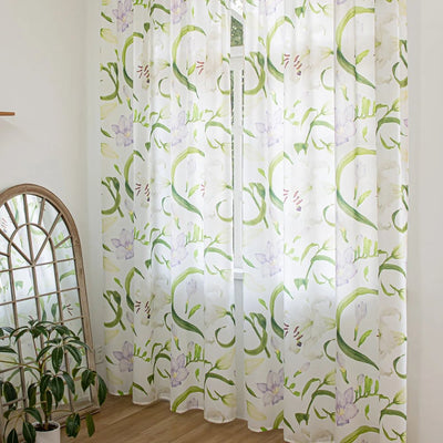 White Sheer Curtains with Watercolor Lily, Purple Flower, and Green Leaves Print