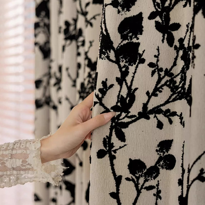 Chenille Blackout Curtains,Black Floral Branch Jacquard, Pom Pom Trim