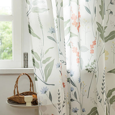 Green Leaf Floral Country Farmhouse White Sheer Curtains