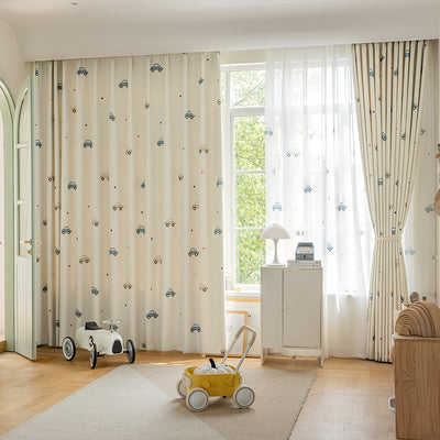Kids Beige Cotton Linen Blackout Curtains with Car Print