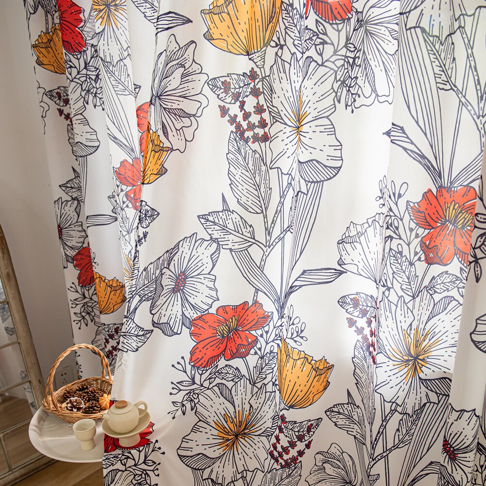 Art Retro Sheer Curtains Orange Floral Design