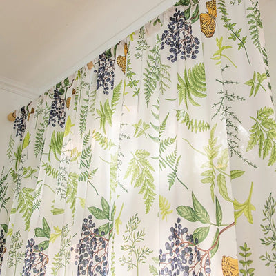 White Sheer Curtains with Green Leaf, Blueberry, and Butterfly Print