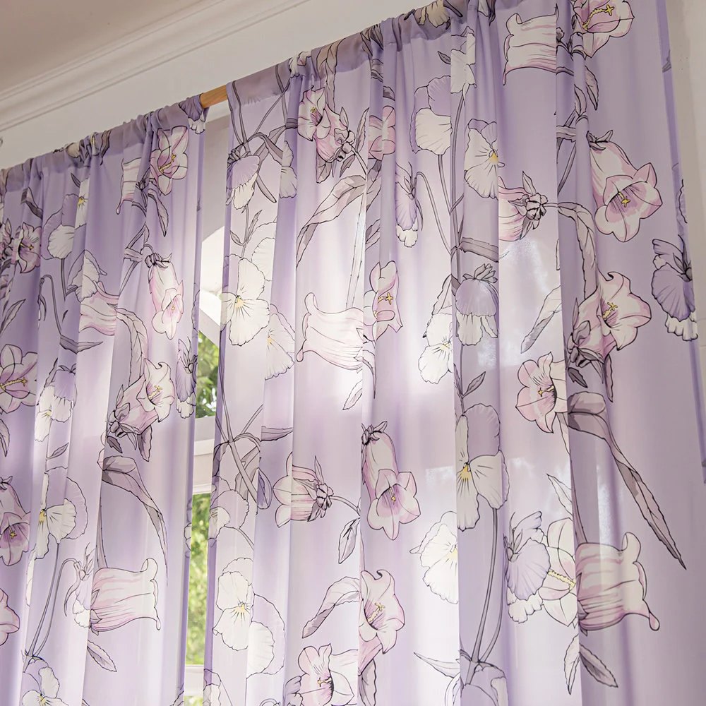 Purple Sheer Window Curtains with Campanula Floral Design