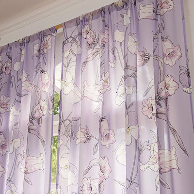 Purple Sheer Window Curtains with Campanula Floral Design