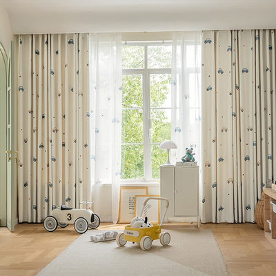 Kids Beige Cotton Linen Blackout Curtains with Car Print