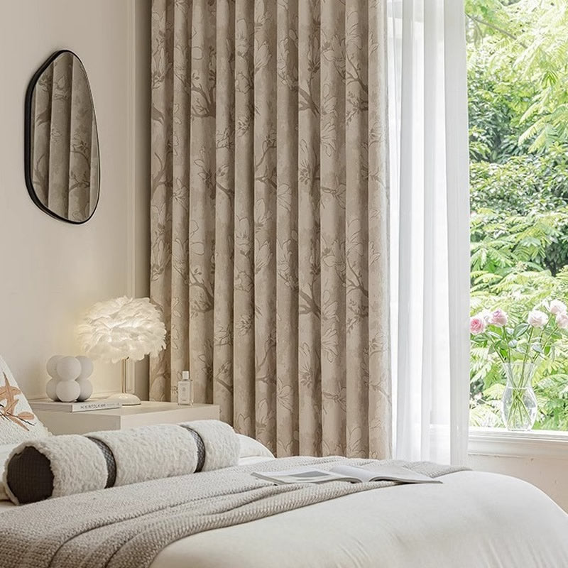 Beige Chenille Blackout Curtains with Magnolia Flower Jacquard