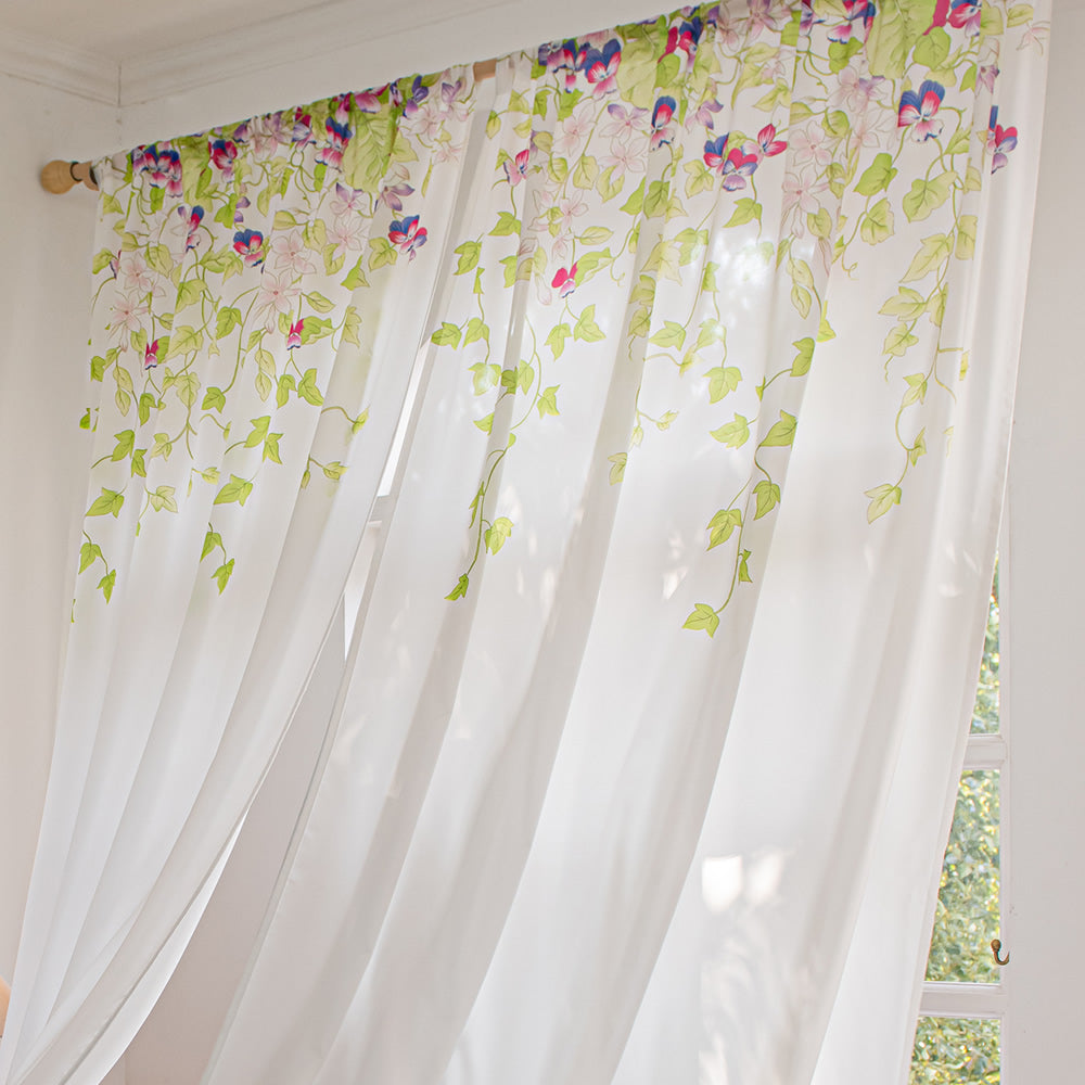 White Sheer Curtains with Green Plant Leaves, Vines, and Butterfly Print