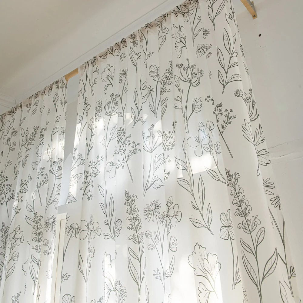 White Sheer Curtains with Line Drawn Flowers and Leaves Print
