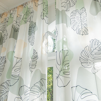 White Sheer Curtains with Green Tropical Leaf Plant Print