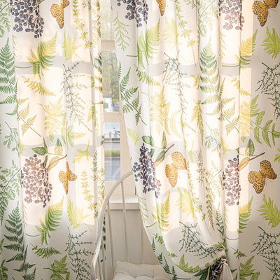 White Sheer Curtains with Green Leaf, Blueberry, and Butterfly Print