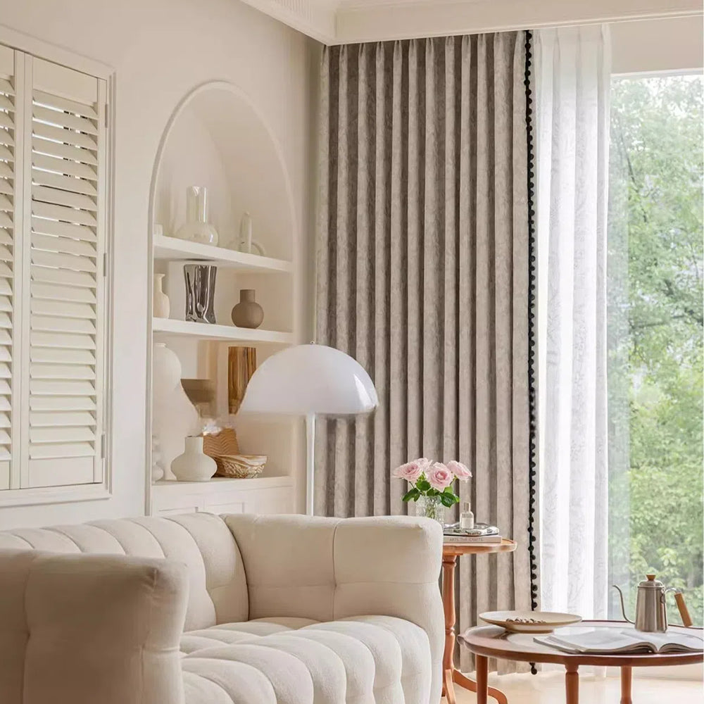 Beige Blackout Curtains with Vintage Jacquard Black Pom Pom Trim