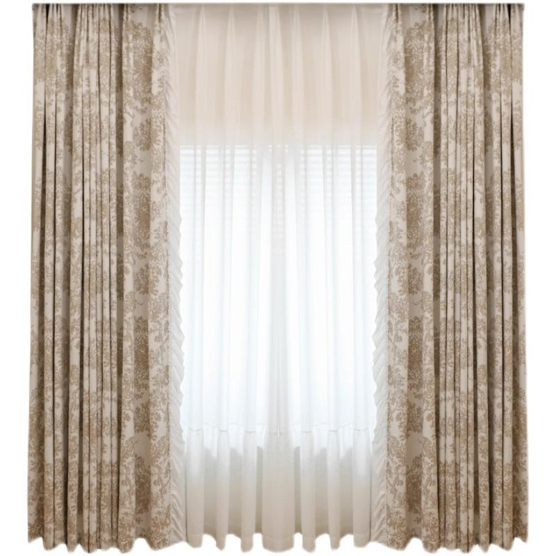 Cream Chenille Blackout Curtains with Jacquard Yumberry Tree White Ruffle Trim