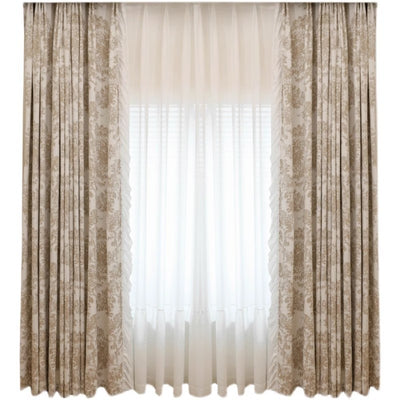 Cream Chenille Blackout Curtains with Jacquard Yumberry Tree White Ruffle Trim