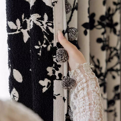 Chenille Blackout Curtains,Black Floral Branch Jacquard, Pom Pom Trim
